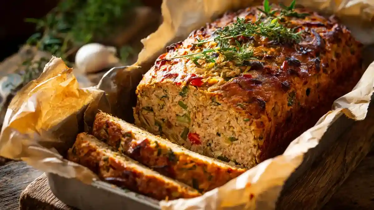 Pain de poisson au thon maison garni de légumes, servi tranché dans un plat en papier cuisson