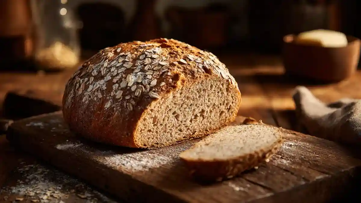recette pain flocon d'avoine sans farine tranché sur planche