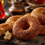 Pain simit turc doré avec graines de sésame et thé