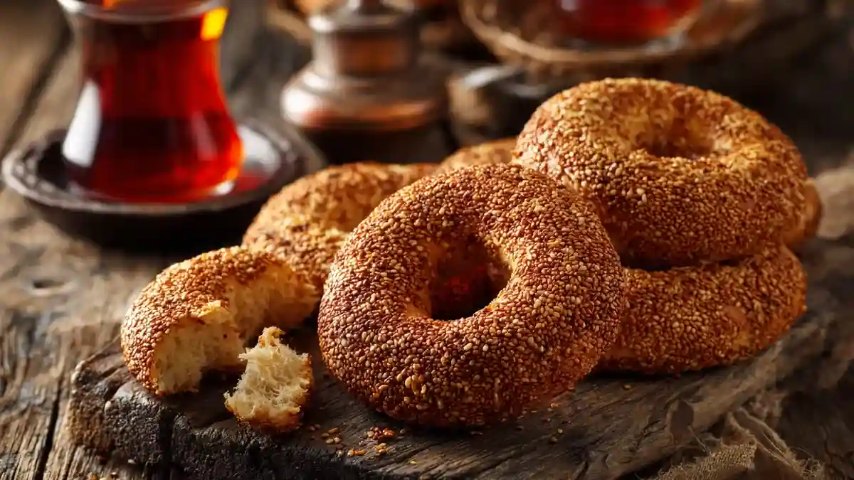 Pain simit turc doré avec graines de sésame et thé
