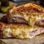 Croque-monsieur maison coupé en deux avec fromage fondant, pain grillé doré et jambon visible sur fond rustique.