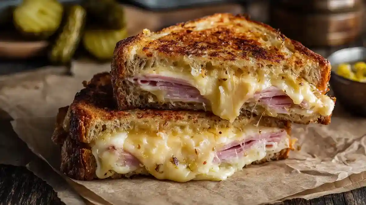 Croque-monsieur maison coupé en deux avec fromage fondant, pain grillé doré et jambon visible sur fond rustique.