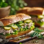 Pain bagnat au thon coupé en deux sur une planche rustique