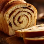 Pain aux raisins roulé doré sur planche en bois