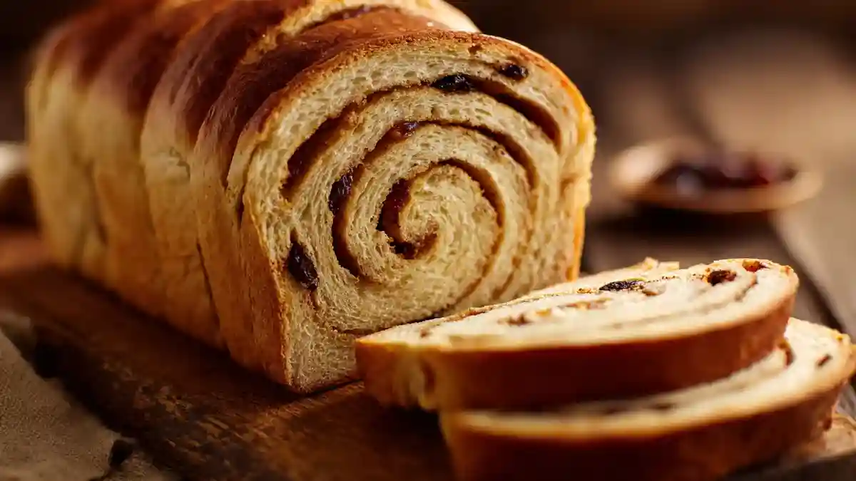 Pain aux raisins roulé doré sur planche en bois