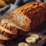 Pain aux bananes maison tranché sur planche en bois
