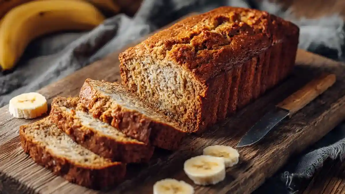 Pain aux bananes maison tranché sur planche en bois