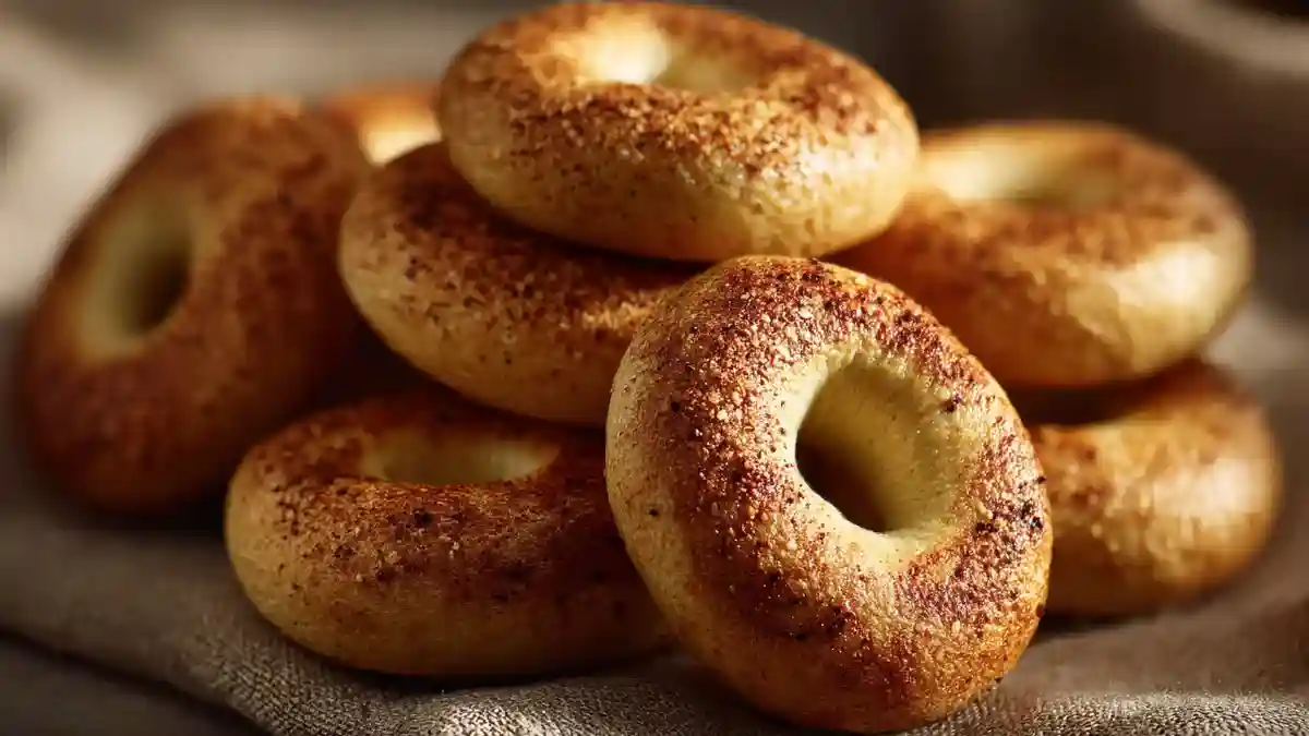 Bagels maison dorés empilés sur un torchon rustique