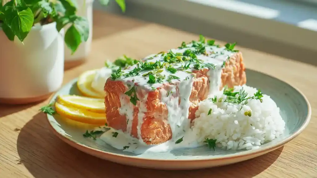 Tranches de pain de poisson au saumon avec riz et sauce