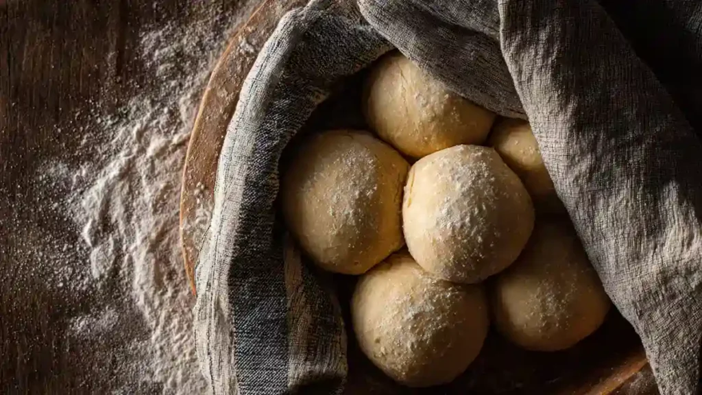 Boules de pâte batbout sans semoule reposant sur planche en bois