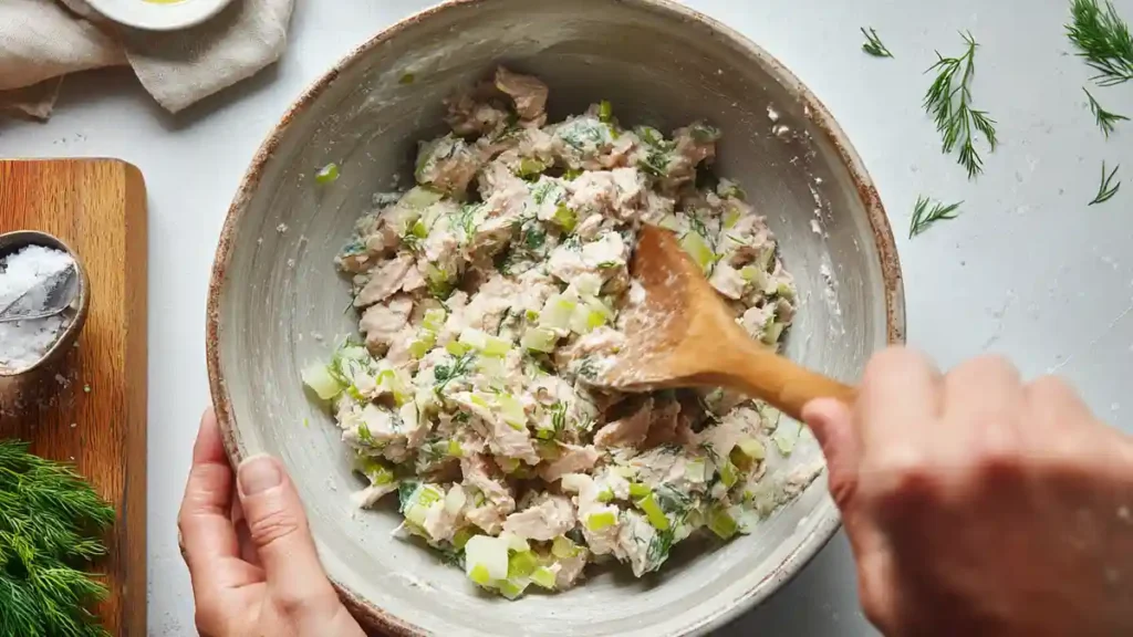 Préparation de la garniture au thon dans un bol