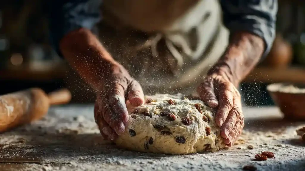 Pétrissage de la pâte avec raisins secs