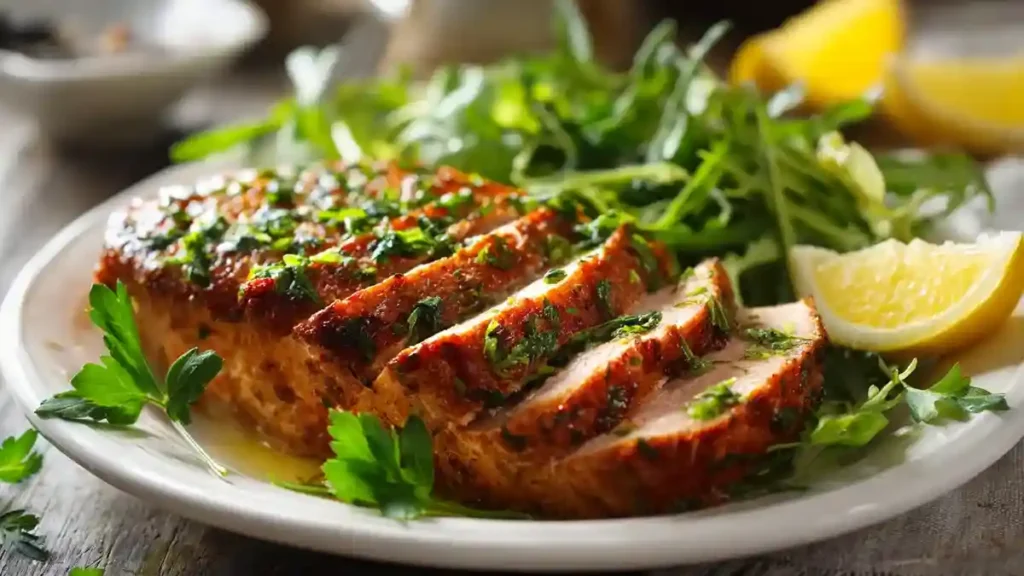 Tranches de pain de poisson au thon servies avec des herbes fraîches, de la roquette et des quartiers de citron