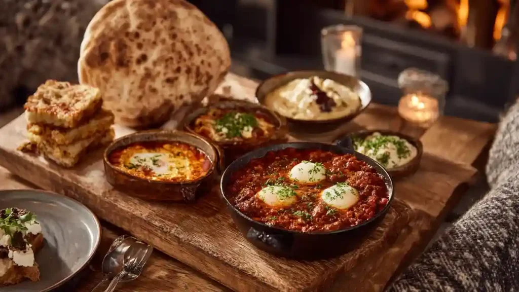 Batbout servi avec houmous et shakshuka