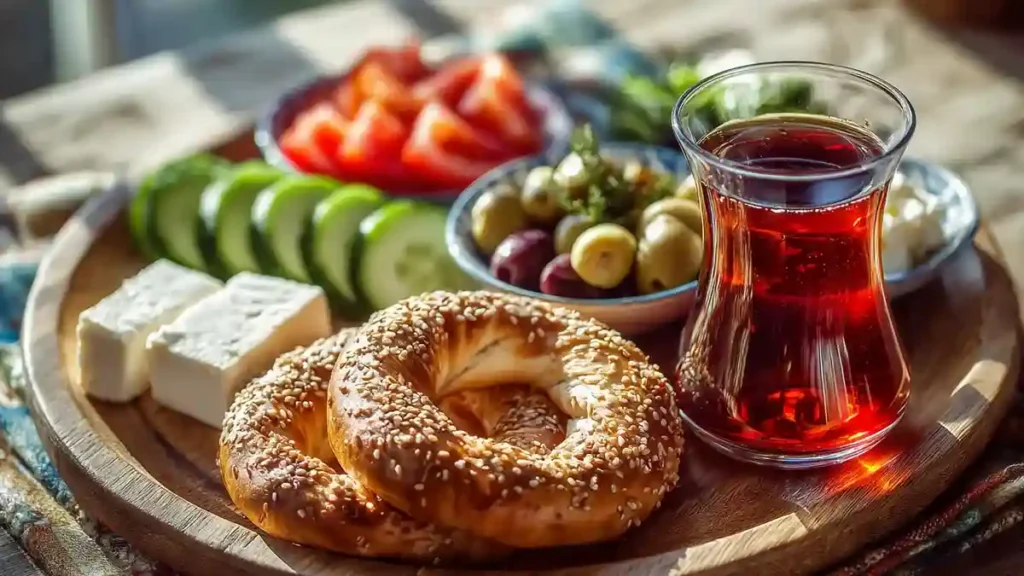 Pain simit servi avec petit-déjeuner turc traditionnel