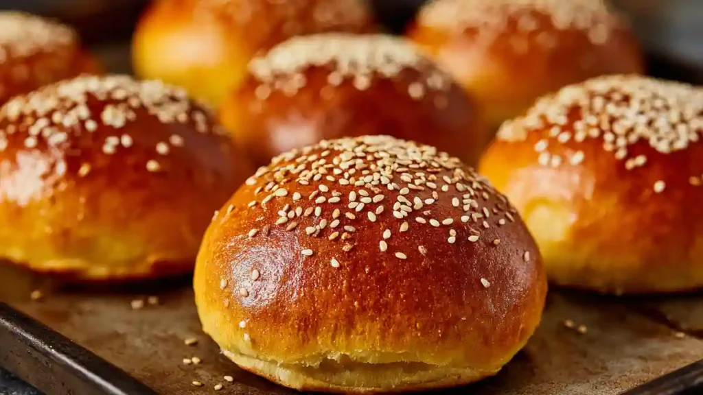Pains hamburgers briochés dorés au four avec graines de sésame