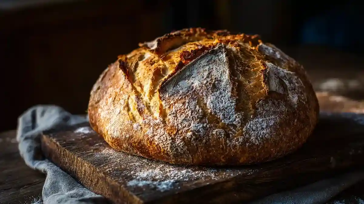 Pain au levain artisanal maison sur planche en bois avec croûte dorée et mie alvéolée