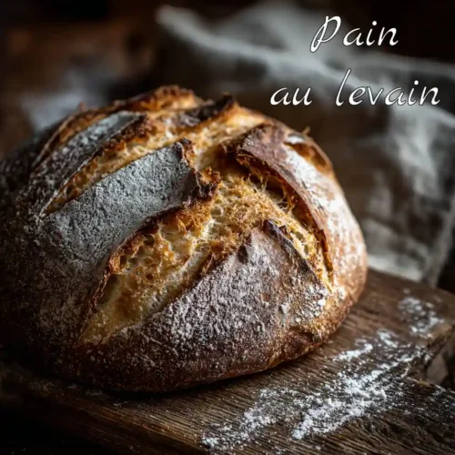 Pain au levain artisanal maison sur planche en bois avec croûte dorée et mie alvéolée