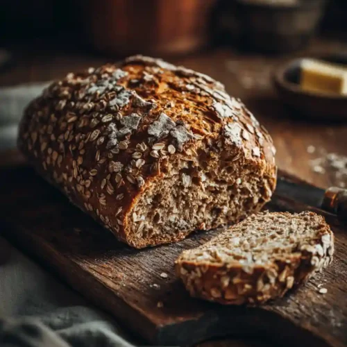 Pain aux flocons d’avoine sans farine tranché sur planche