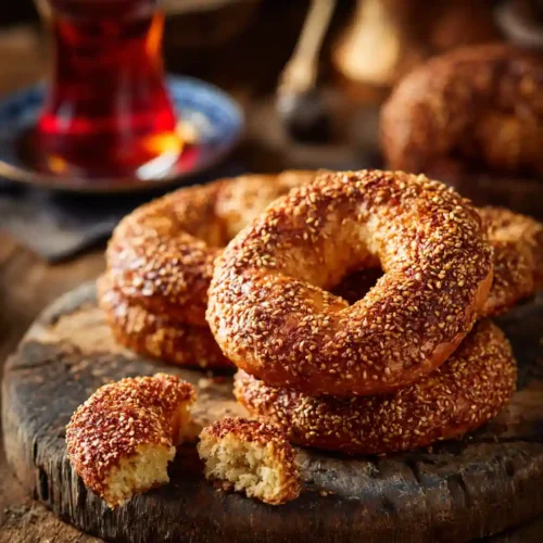Pain simit turc doré avec graines de sésame et thé