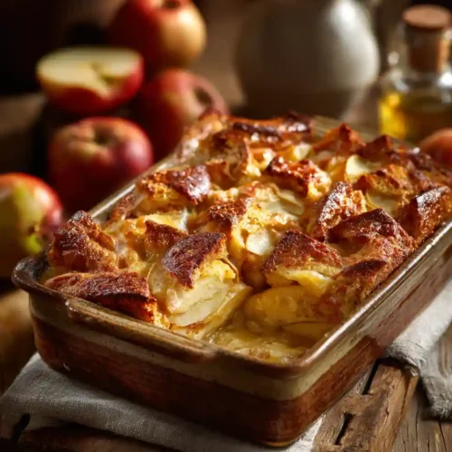 Bettelmann aux pommes doré dans un plat rustique