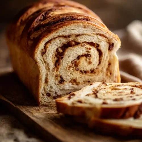 Pain aux raisins roulé doré sur planche en bois