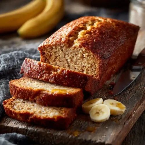 Pain aux bananes maison tranché sur planche en bois