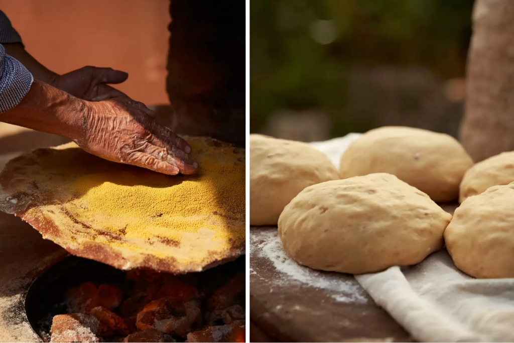 Façonnage de la pâte à pain tafarnout sur un lit de semoule fine