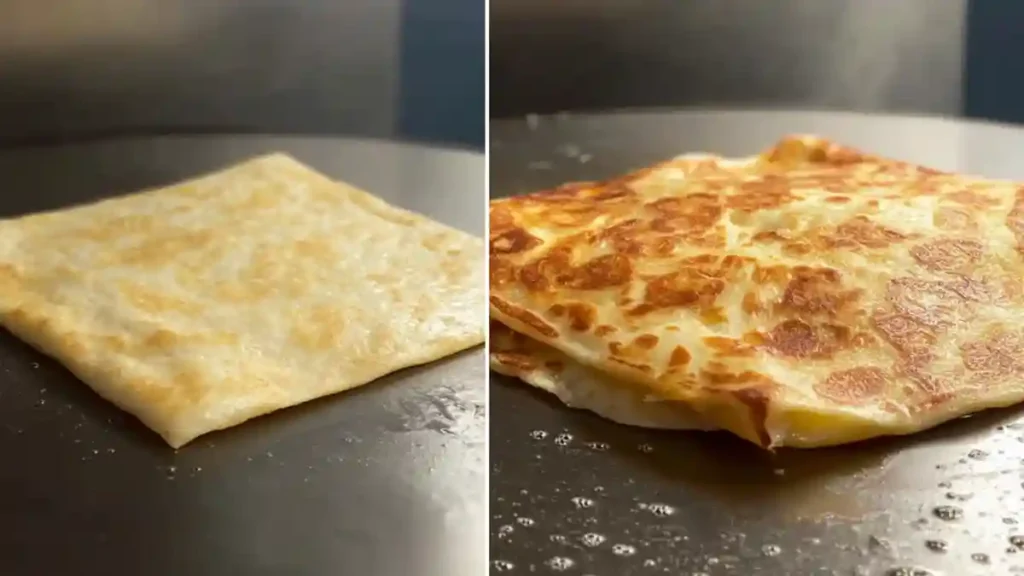 Cuisson du msemen marocain, carré de pâte sur la poêle puis doré à la perfection.
