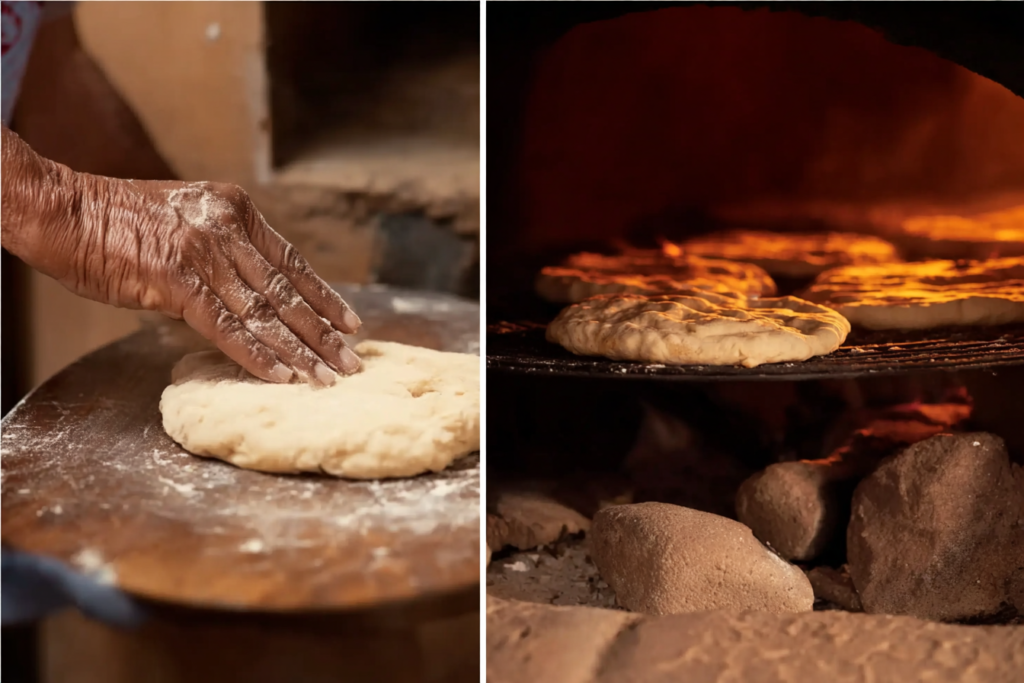 Cuisson traditionnelle du pain tafarnout sur pierre chaude dans un four berbère