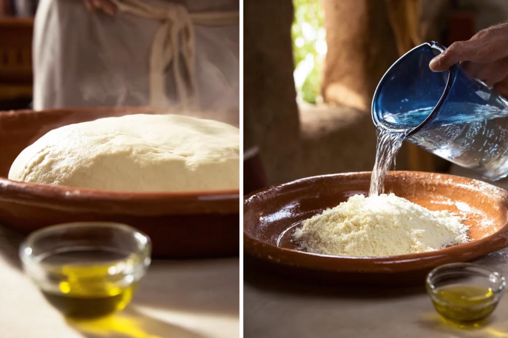 Préparation de la pâte à pain tafarnout avec semoule, eau et huile d’olive