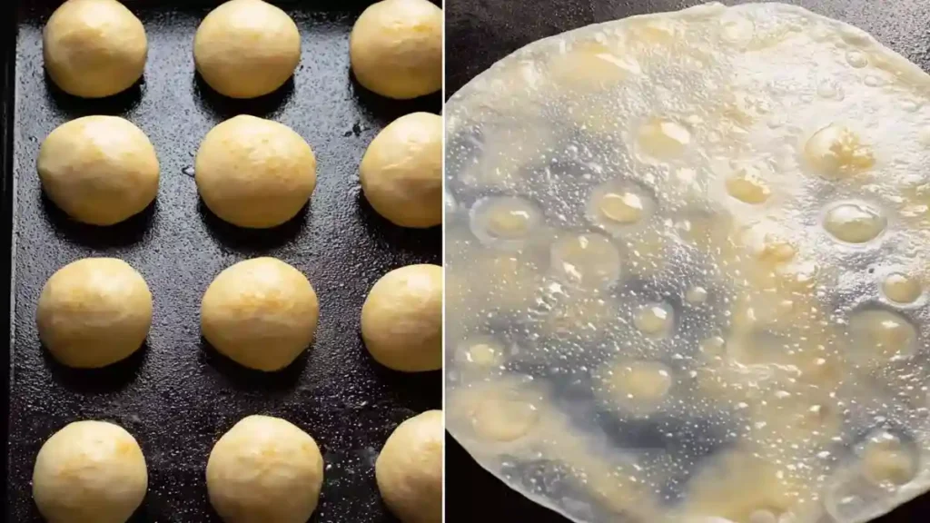Préparation de la pâte à msemen marocaine, boules de pâte et feuille étalée fine prête à la cuisson.