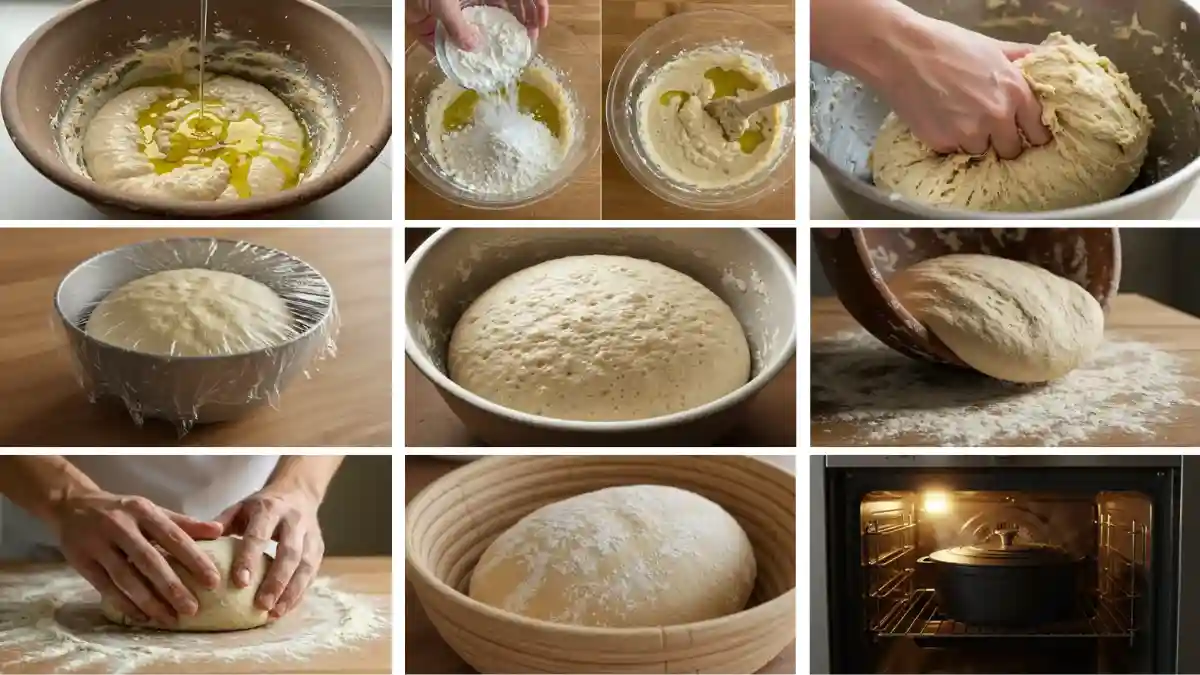 Étapes de préparation du pain au levain : mélange des ingrédients, pétrissage, levée de la pâte et cuisson au four.