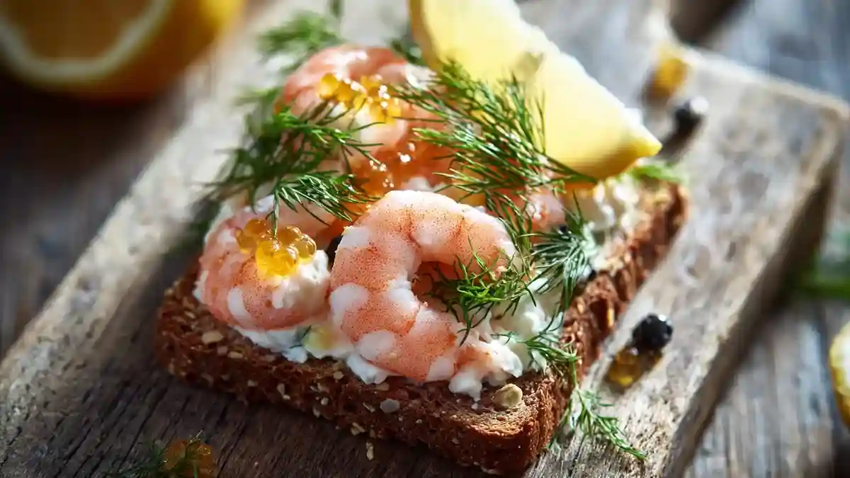 Toast Skagen suédois garni de crevettes, aneth frais et crème au raifort