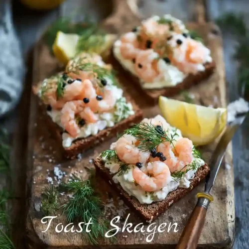 Toast Skagen suédois garni de crevettes, aneth frais et crème au raifort