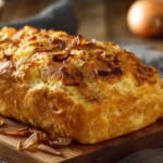 Pain aux oignons sans levure doré posé sur une planche en bois rustique.