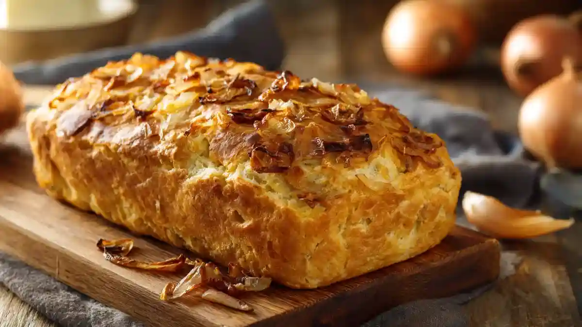 Pain aux oignons sans levure doré posé sur une planche en bois rustique.