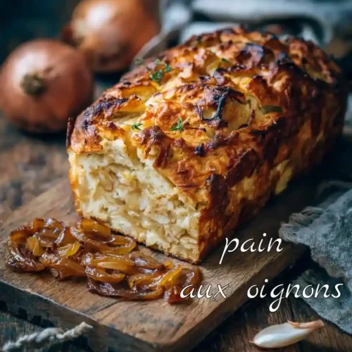 Pain aux oignons sans levure doré posé sur une planche en bois rustique.