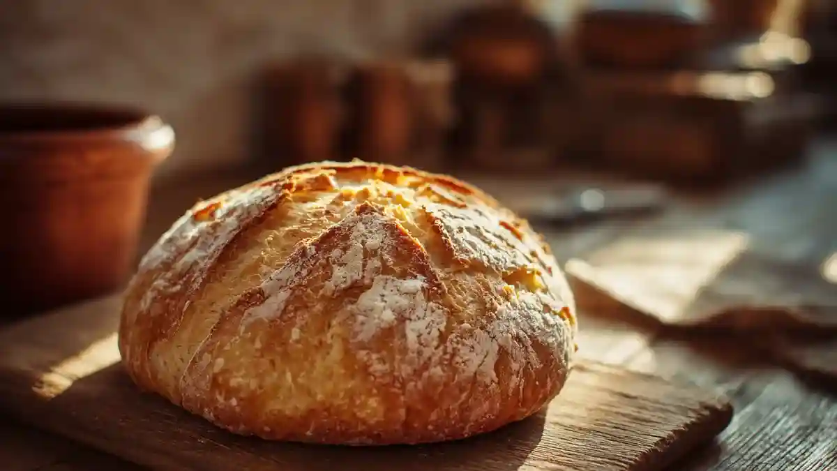 Pain paysan rustique sans pétrissage sur planche en bois