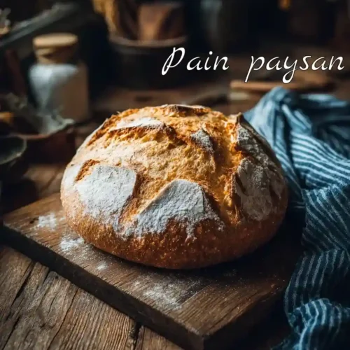 Pain paysan rustique sans pétrissage sur planche en bois