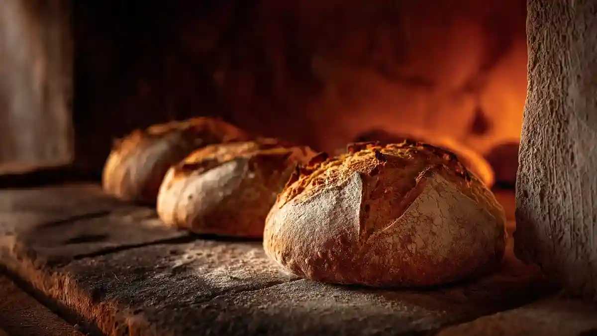 Pain artisanal cuit sur pierre réfractaire dans un four.