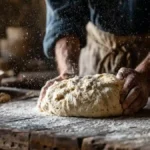 Pétrissage manuel de pâte à pain avec farine sur table rustique