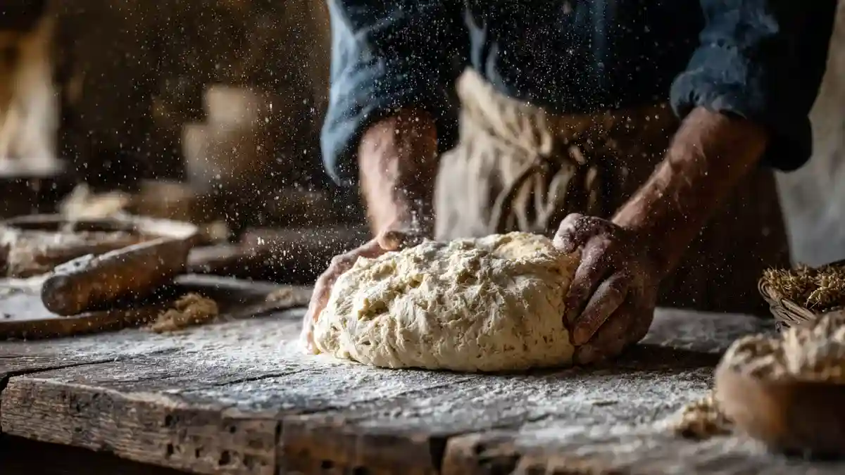 Pétrissage manuel de pâte à pain avec farine sur table rustique