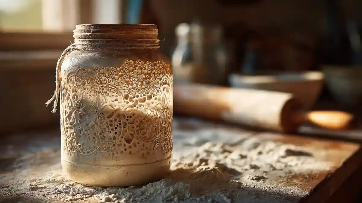 Levain maison rustique dans un bocal en verre avec bulles