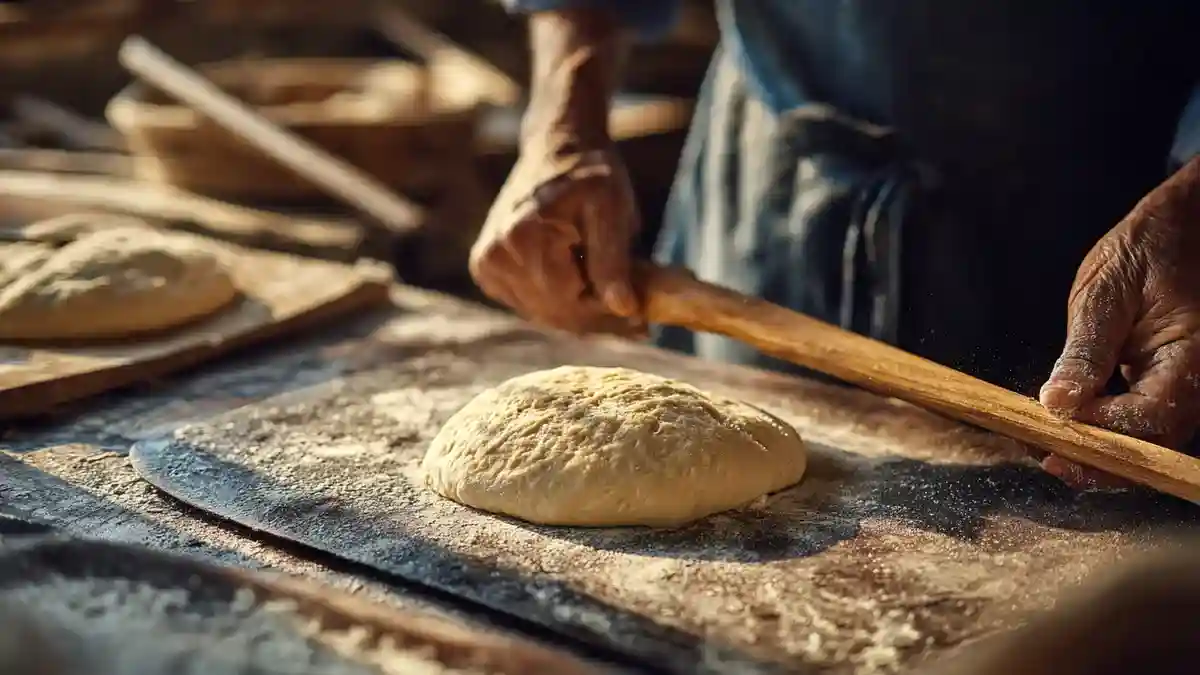 cuisson pain pierre réfractaire: Pâton de pain transféré sur pierre réfractaire avec pelle.