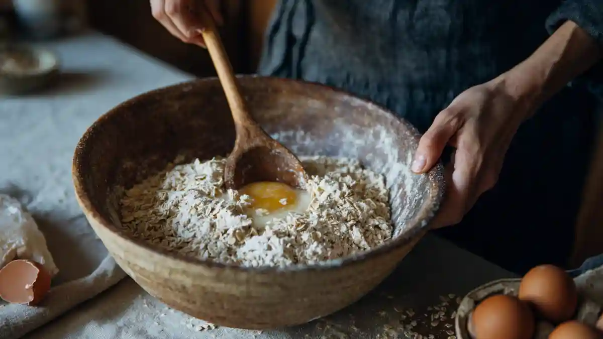 Préparation du pain aux flocons d’avoine sans farine dans un bol