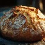Pain maison artisanal doré sur une planche en bois