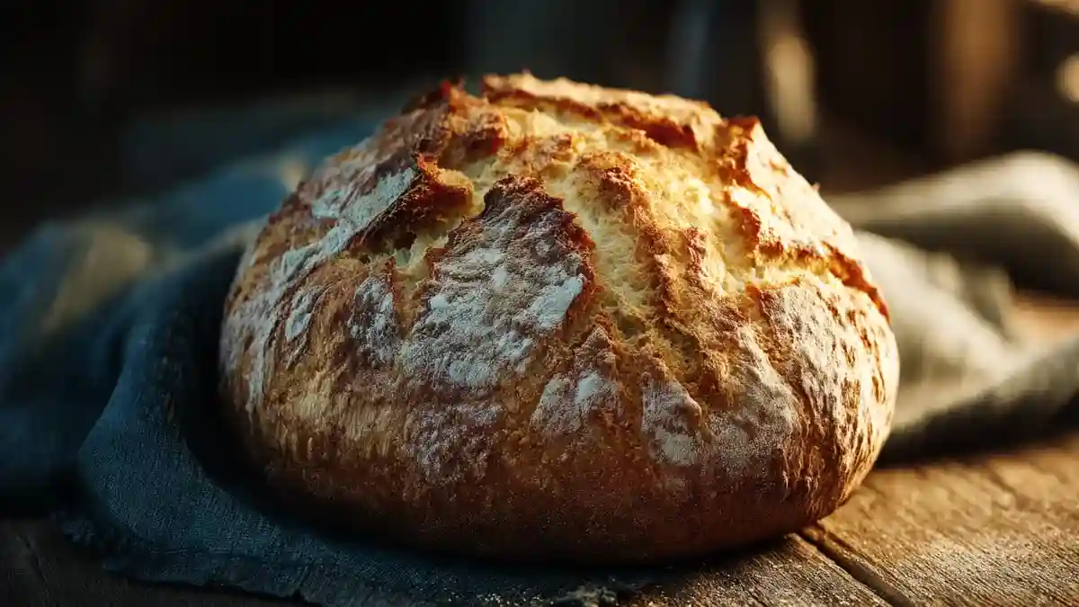 Pain maison artisanal doré sur une planche en bois