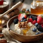 Bol de flocons d’avoine au petit-déjeuner avec fruits et miel