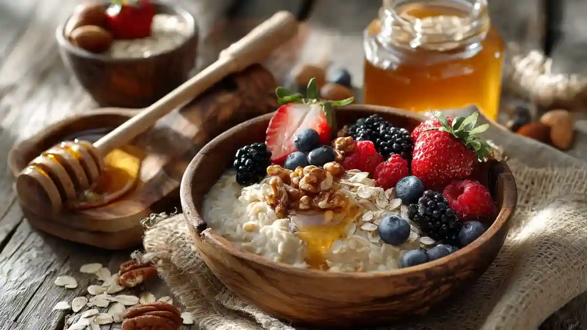 Bol de flocons d’avoine au petit-déjeuner avec fruits et miel